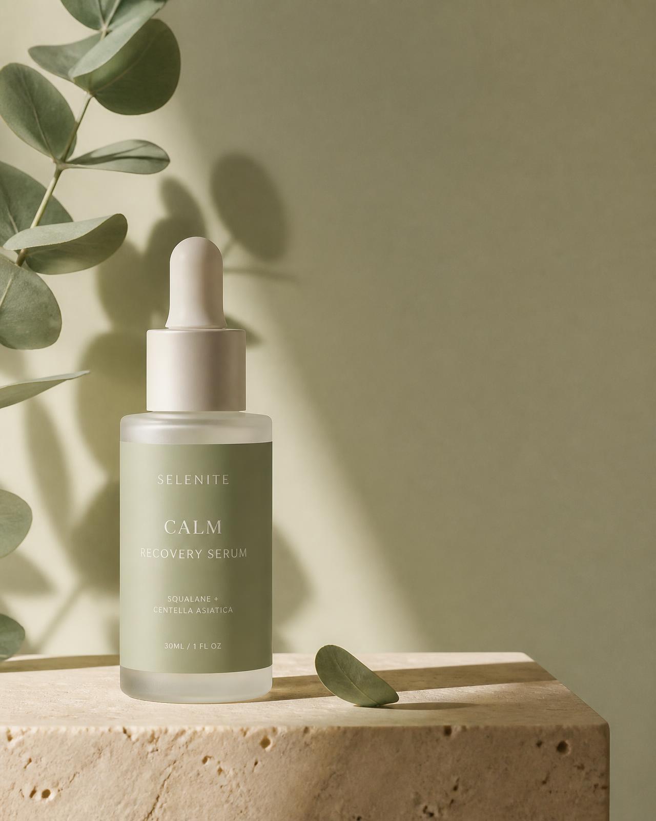 A frosted glass serum bottle on a travertine ledge in soft daylight